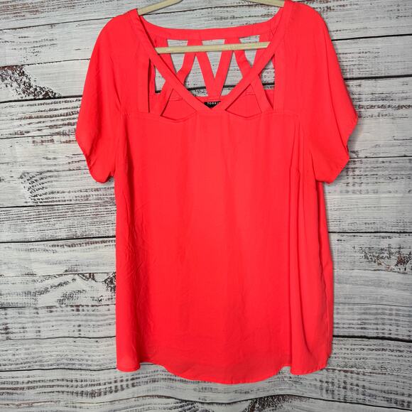 torrid Tops - Torrid Neon Coral Short Sleeve Lattice Back Blouse 1X